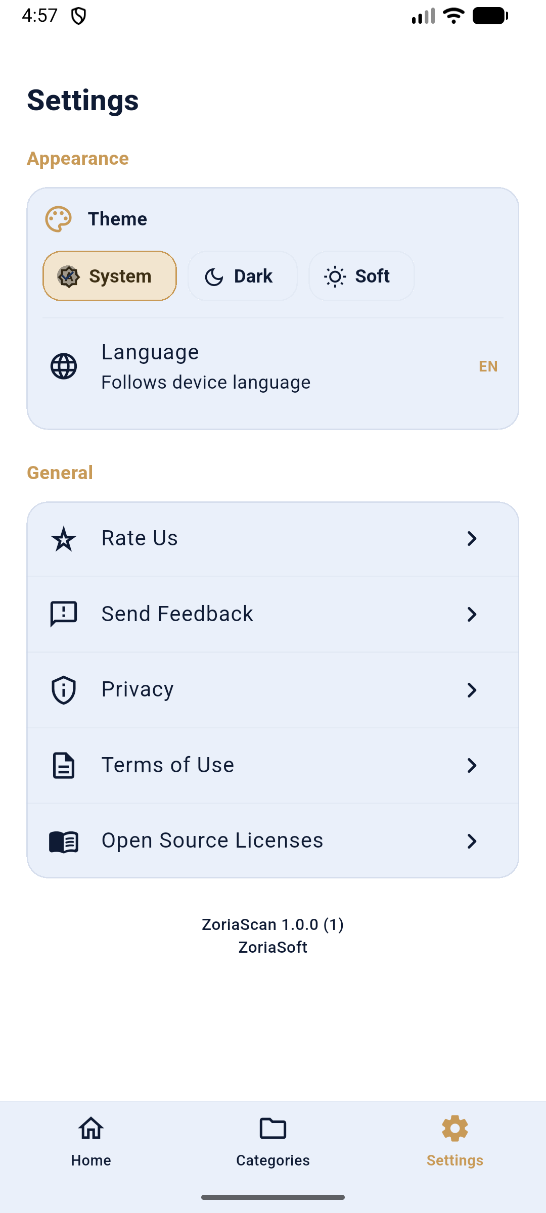 ZoriaScan ayarlar ekranı